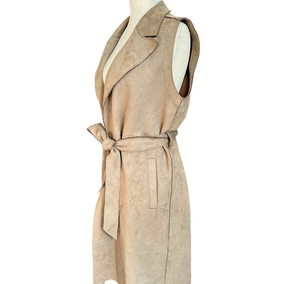 NWOT Zara Faux Suede Sleeveless Belted Long Trenchcoat Jacket Taupe/Tan - Picture 2 of 6